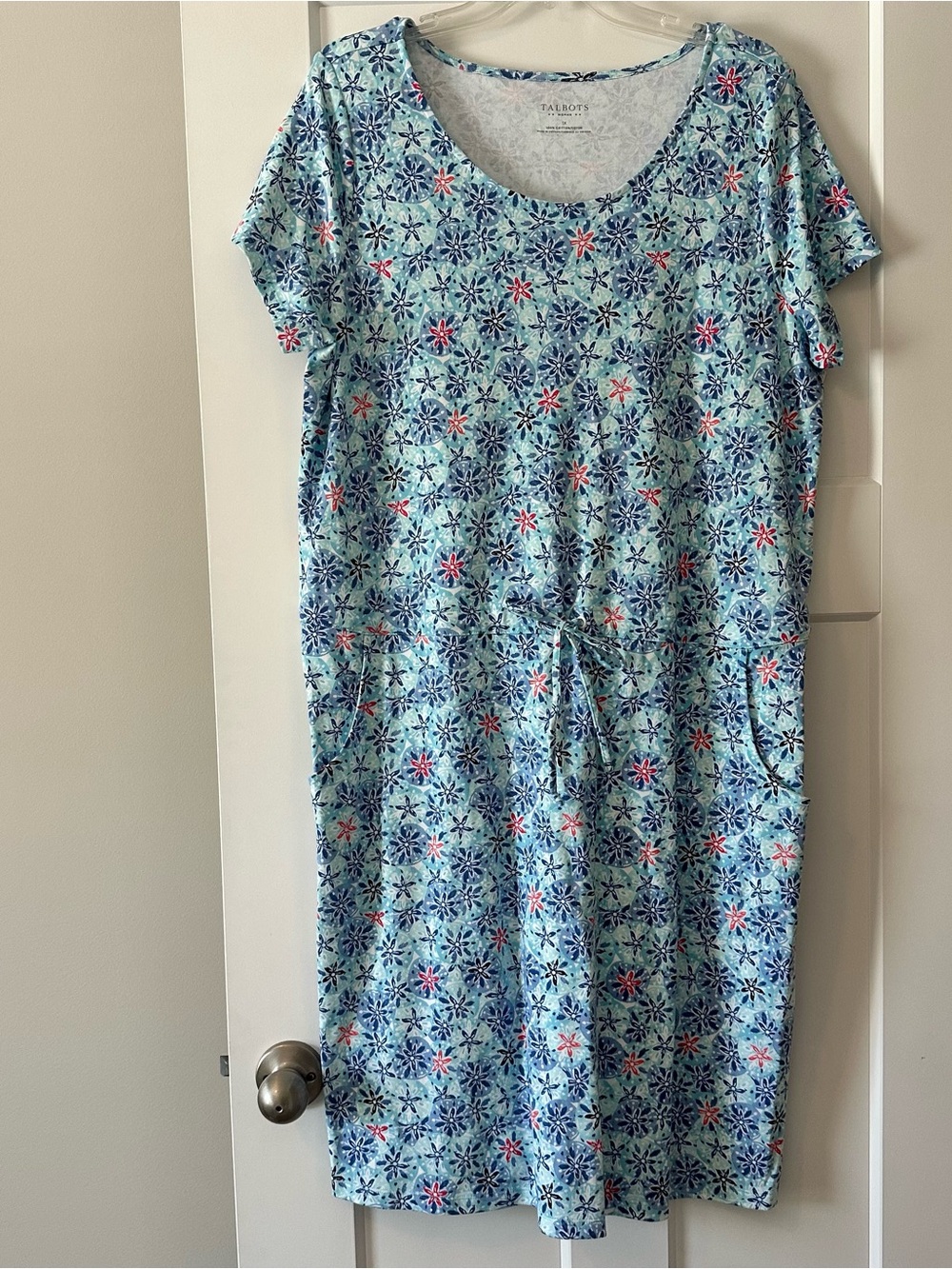 Talbots Light Blue Floral Drawstring Midi Dress with Pink Accents